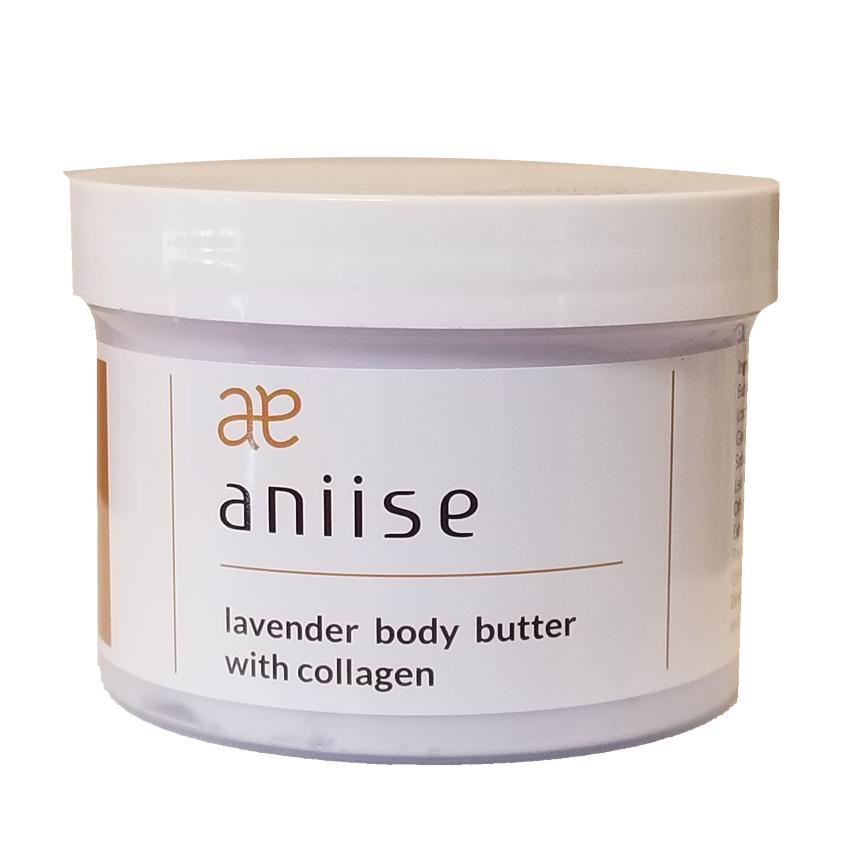 Lavender Body Butter with Collagen in a jar, showcasing its creamy texture and lavender scent.
