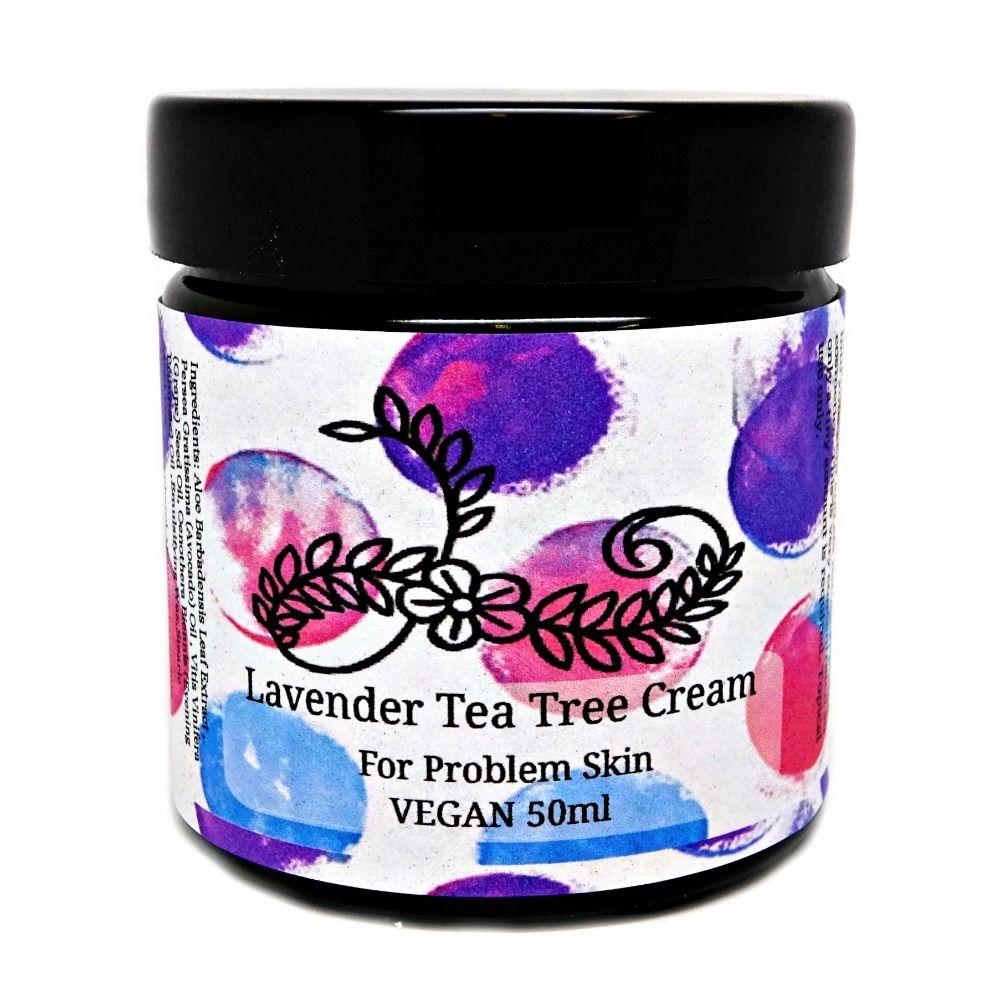 Lavender Tea Tree Clarifying Acne Skin Cream in a 50ml jar, showcasing its natural ingredients and vegan-friendly label.