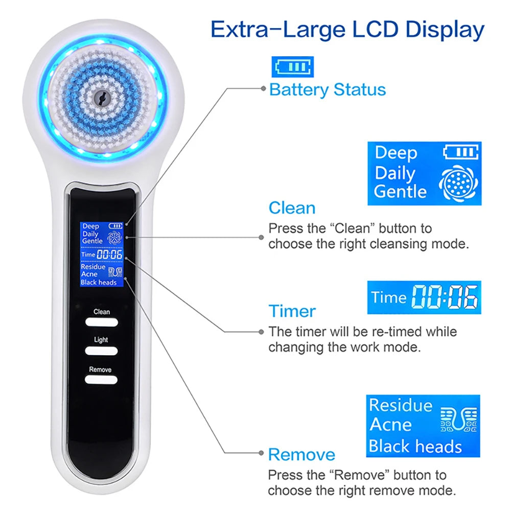 LED Display Multifunctional Pore Cleansing Brush with multiple suction modes and probes for acne and blackhead removal, showcasing its sleek design.