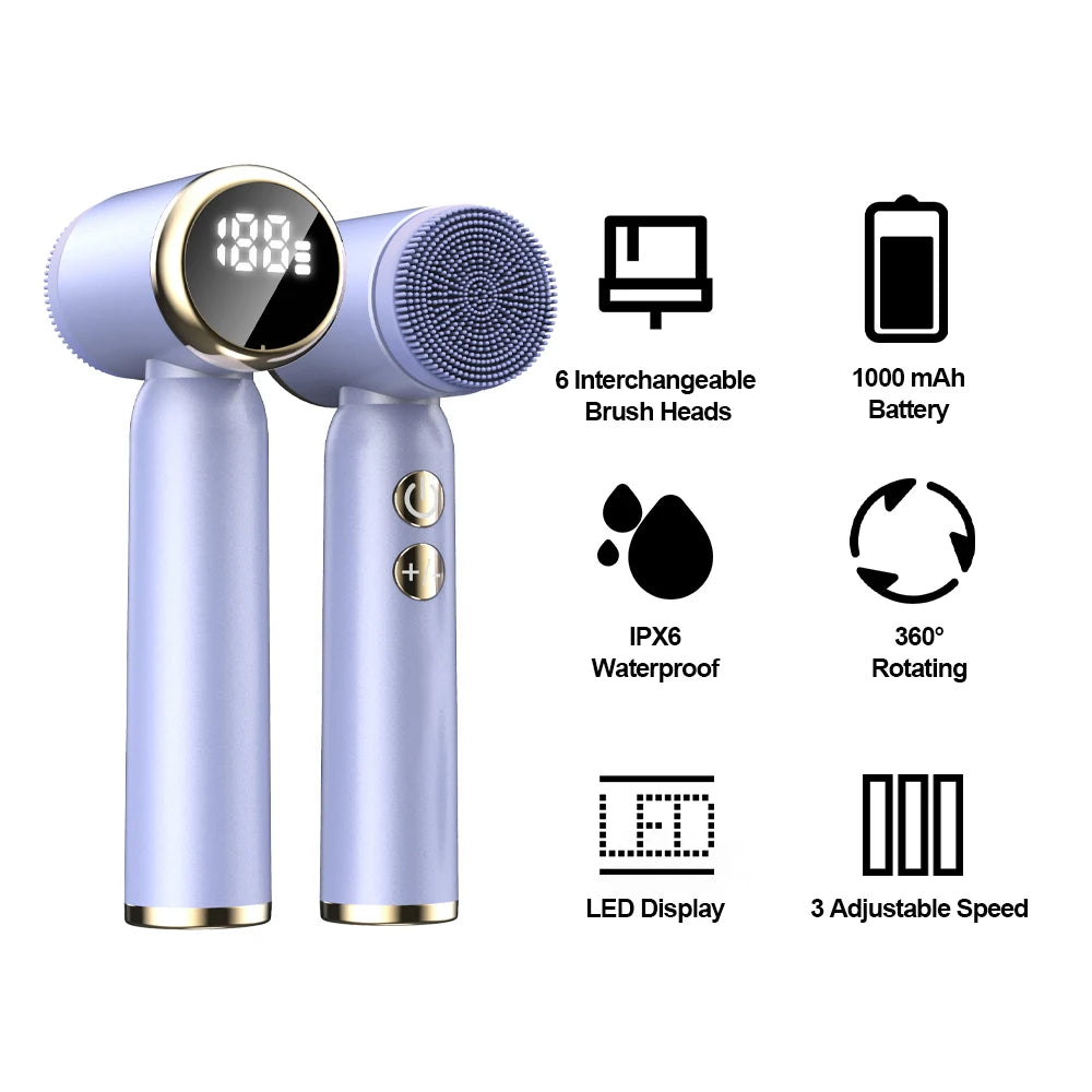 LED Electric Facial Cleansing Brush in white with multiple brush heads and USB charging cable, showcasing its sleek design and functionality.