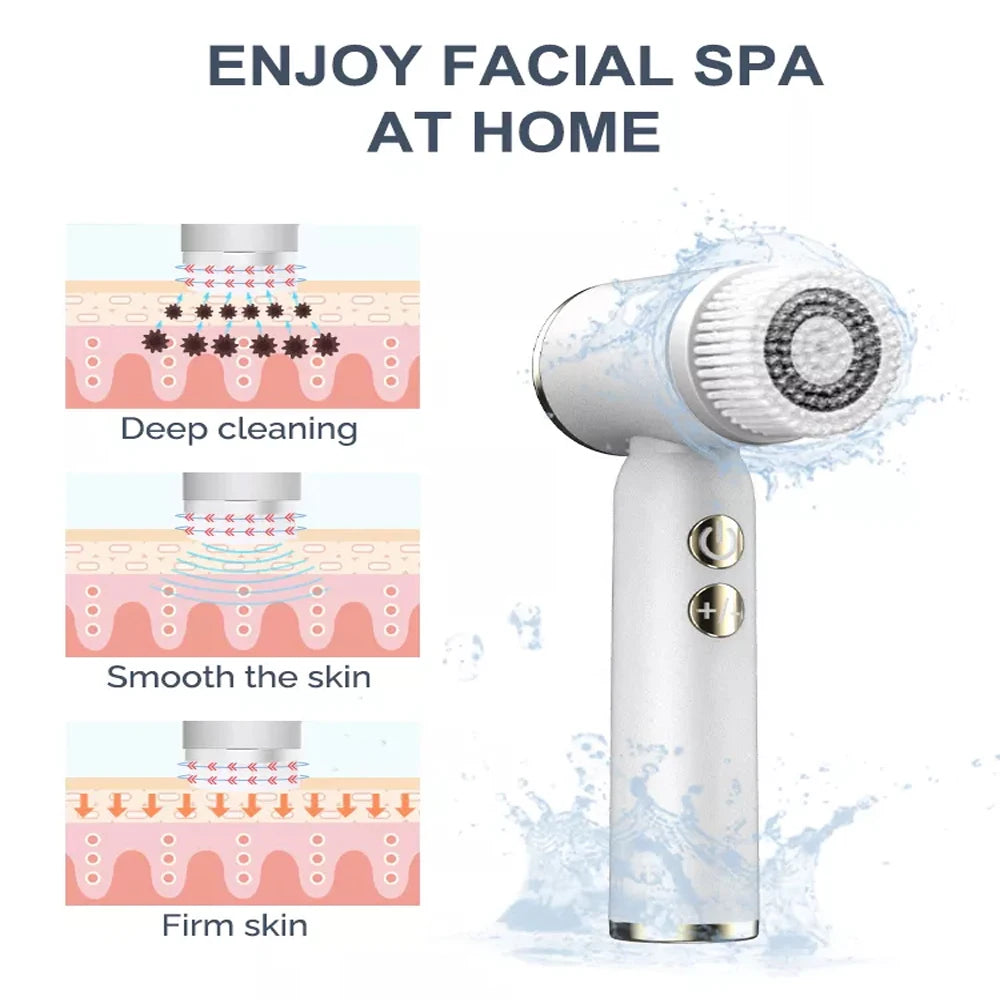 LED Electric Facial Cleansing Brush in white with multiple brush heads and USB charging cable, showcasing its sleek design and functionality.