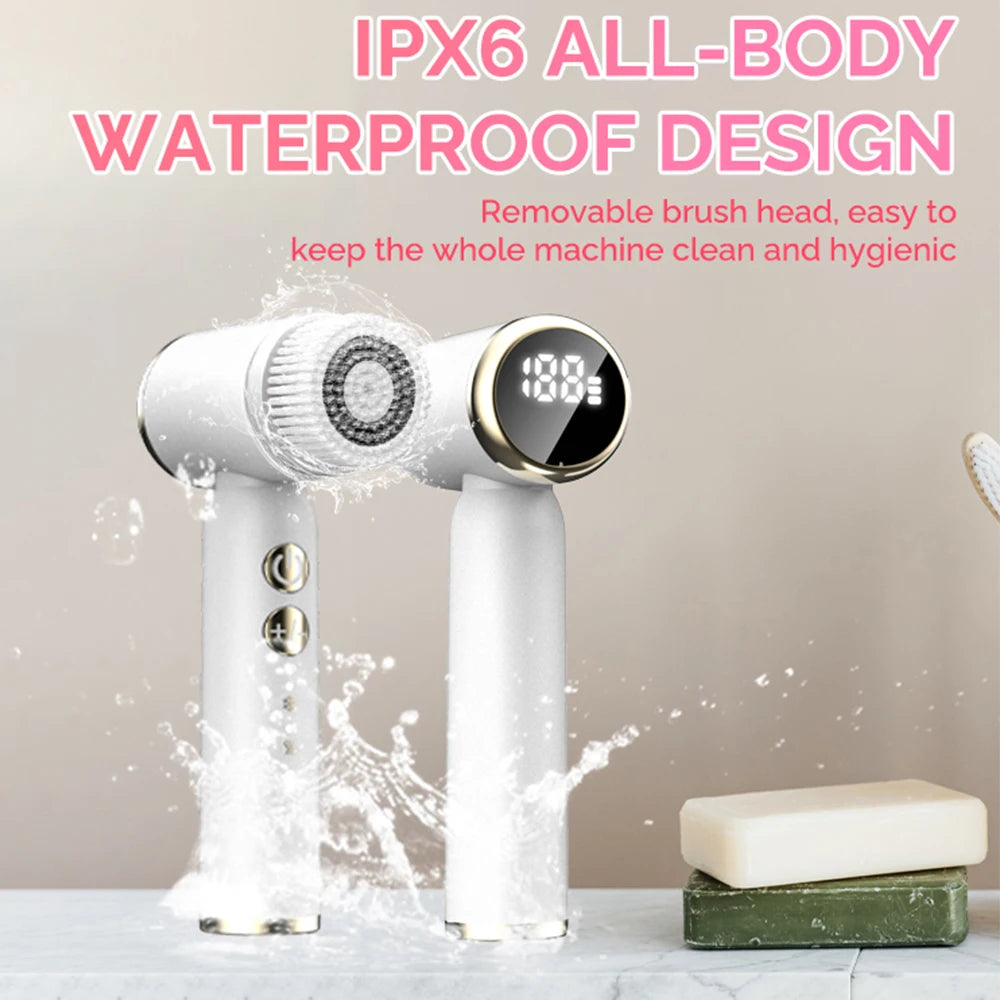 LED Electric Facial Cleansing Brush in white with multiple brush heads and USB charging cable, showcasing its sleek design and functionality.