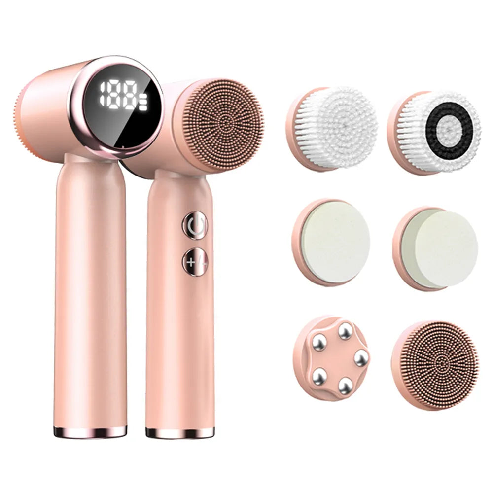 LED Electric Facial Cleansing Brush in white with multiple brush heads and USB charging cable, showcasing its sleek design and functionality.