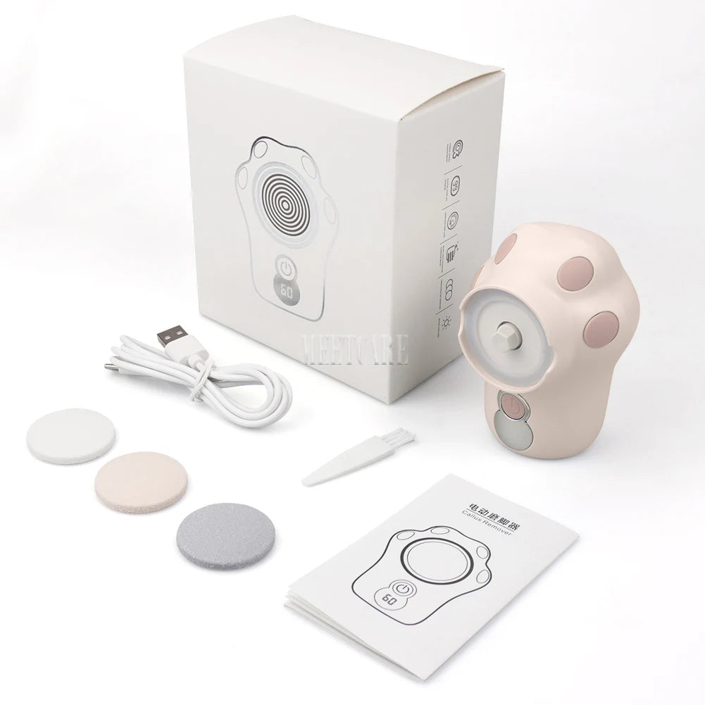 LED Screen Foot Grinder in a sleek design with three grinding heads, showcasing its wireless and portable features for effective foot care.