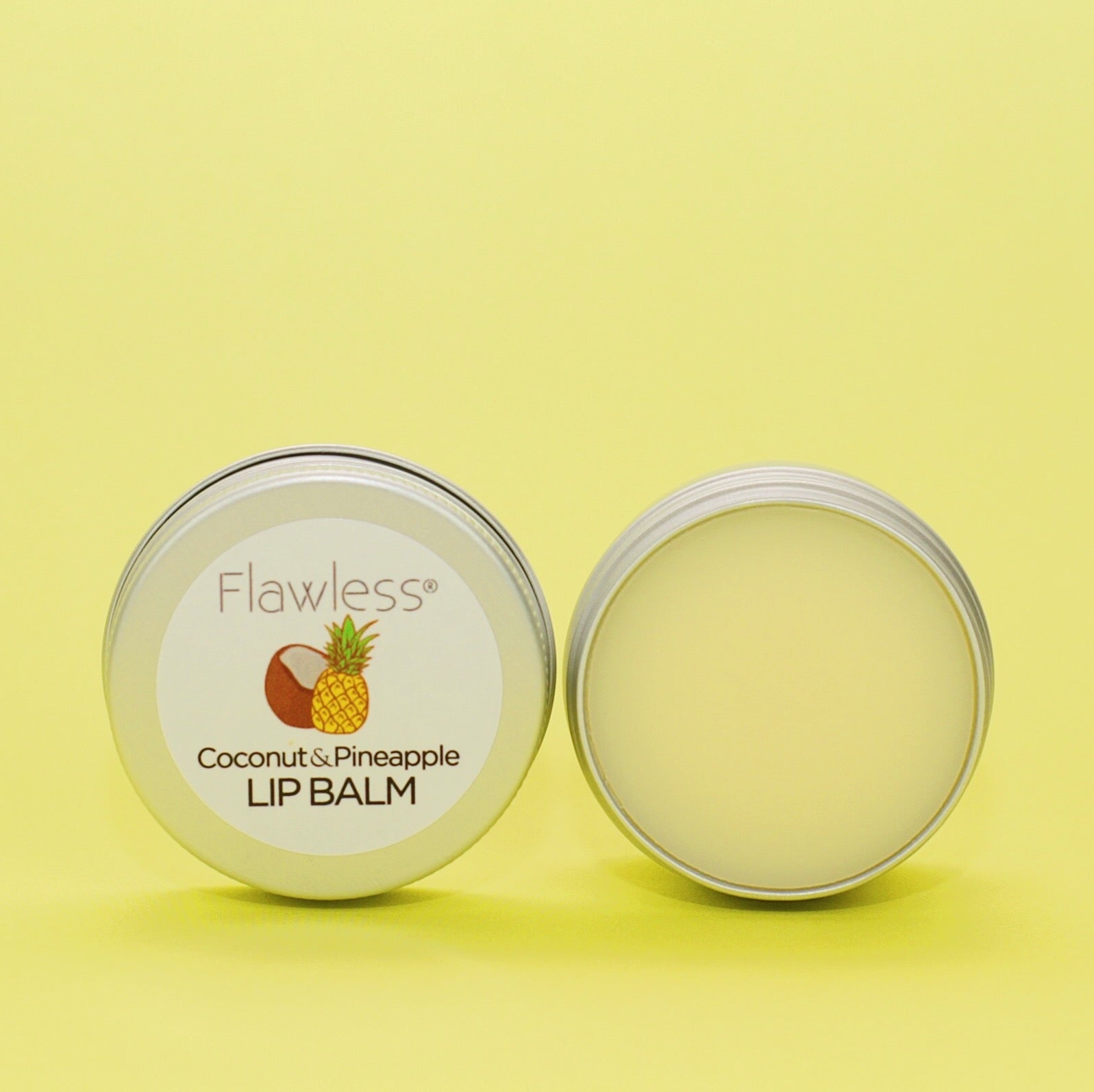 Coconut and Pineapple Lip Balm in a recycled aluminum tin, showcasing its tropical scent and vegan ingredients.