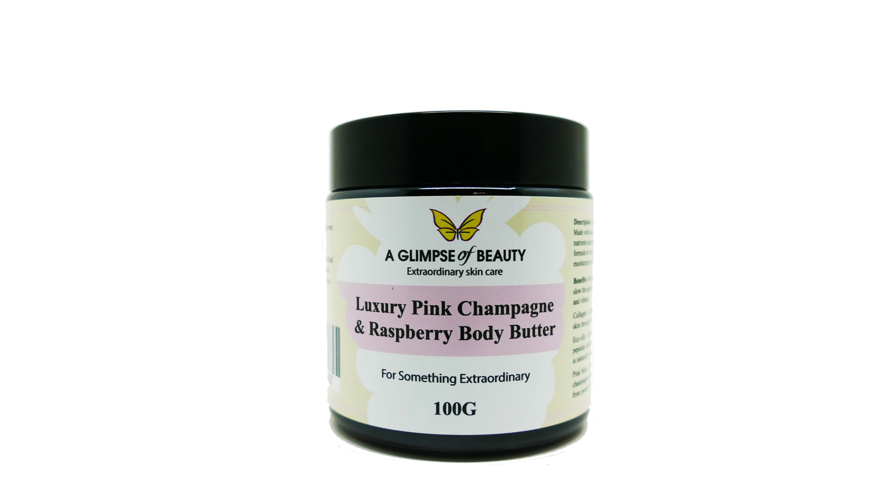 A luxurious jar of Champagne & Raspberry Body Butter with a shimmering pink hue, surrounded by fresh raspberries and champagne bubbles.