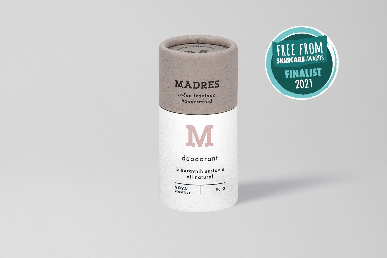 Madres Nova Sensitive natural deodorant in eco-friendly packaging, showcasing its creamy texture and floral essence.