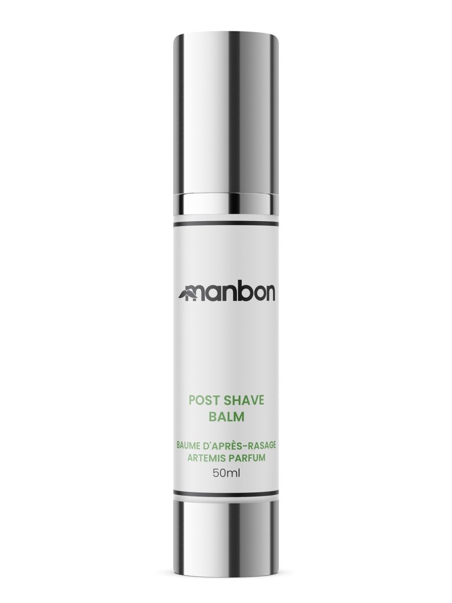 MANBON Luxurious Post-Shave Balm in an elegant airless dispenser, showcasing its natural ingredients and Artemis Parfum variant.