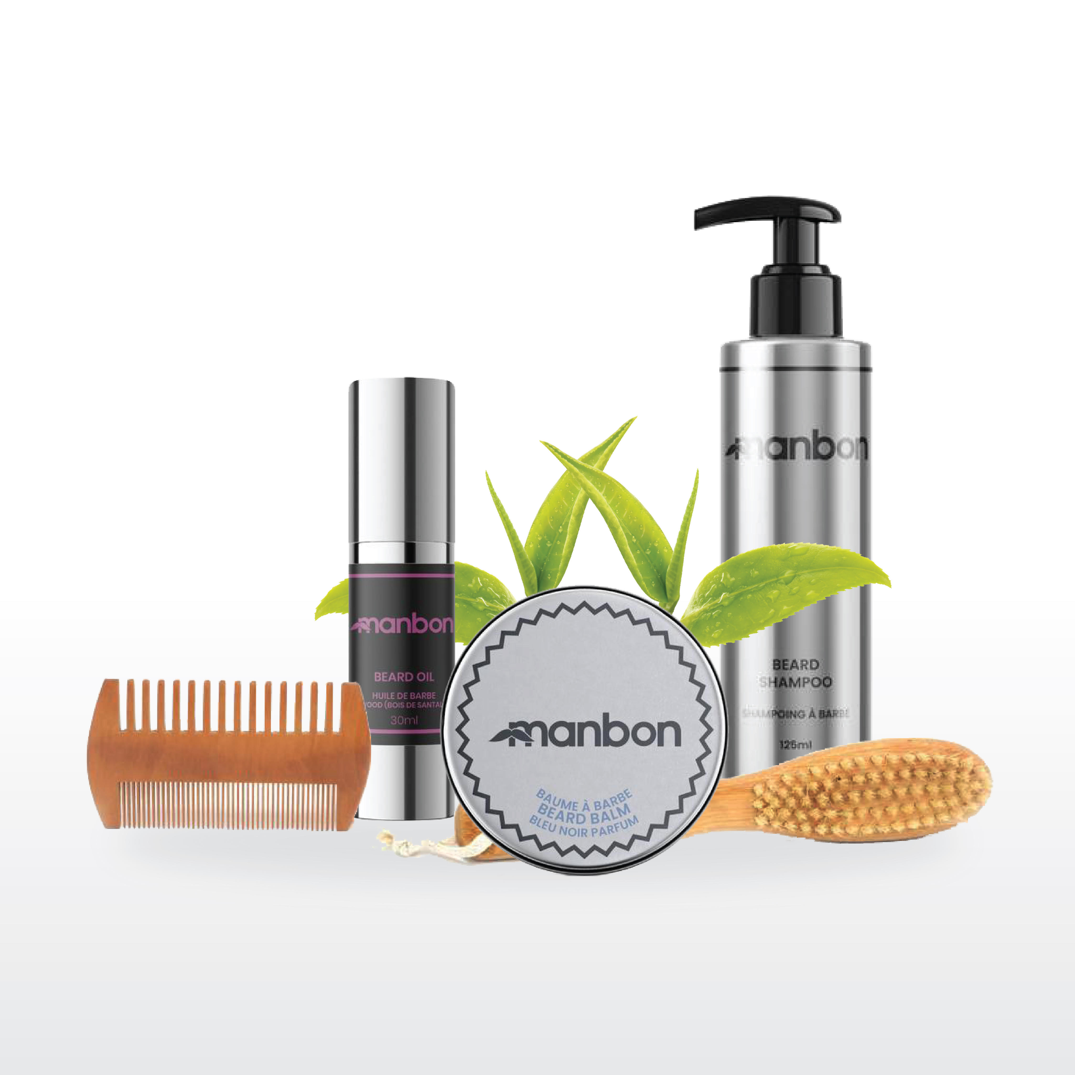 Manbon Natural and Luxurious Beard Growth & Grooming Kit featuring shampoo, oil, balm, and brush in an elegant packaging.