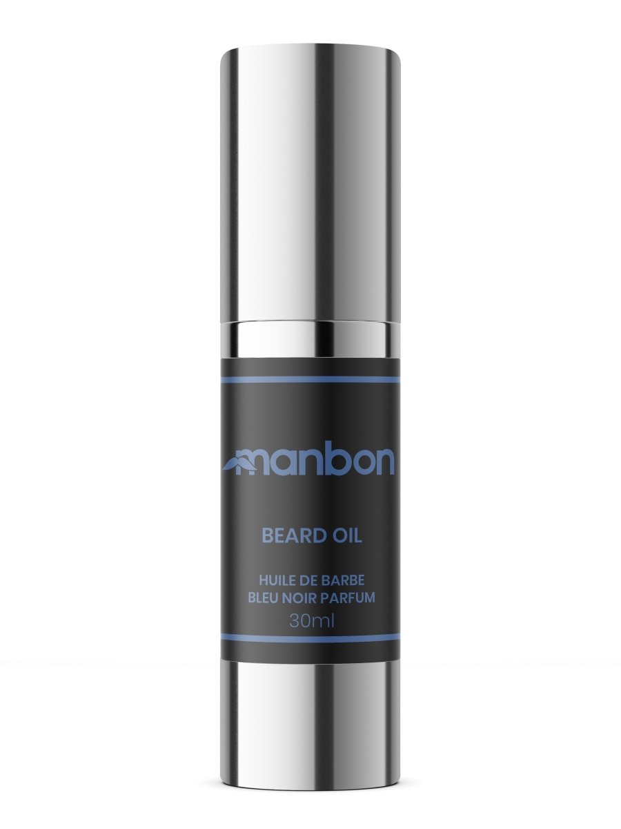 MANBON Natural Luxurious Beard Oil in a sleek 30ml bottle with Bleu Noir Parfum, showcasing its elegant design and natural ingredients.