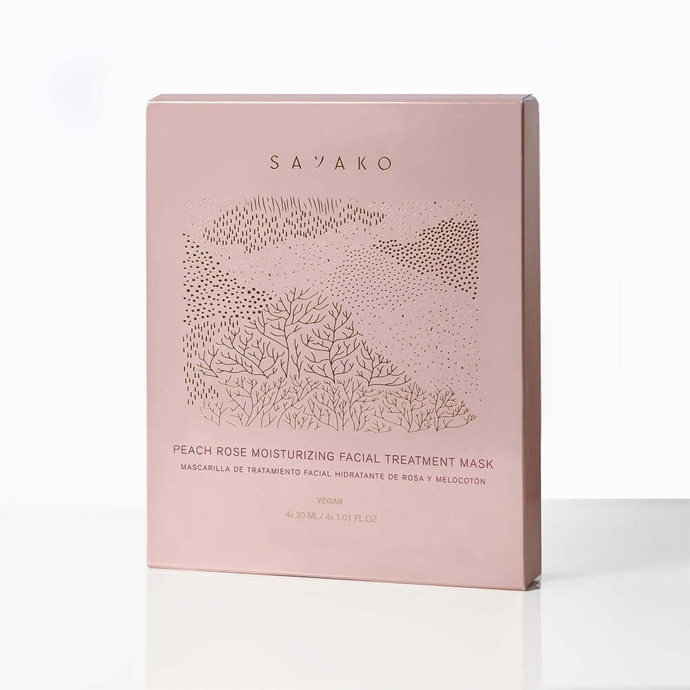 Mascarilla Hidratante de Rosa y Melocotón Vegana en su empaque, mostrando las 4 unidades de hidrogel para el cuidado facial.