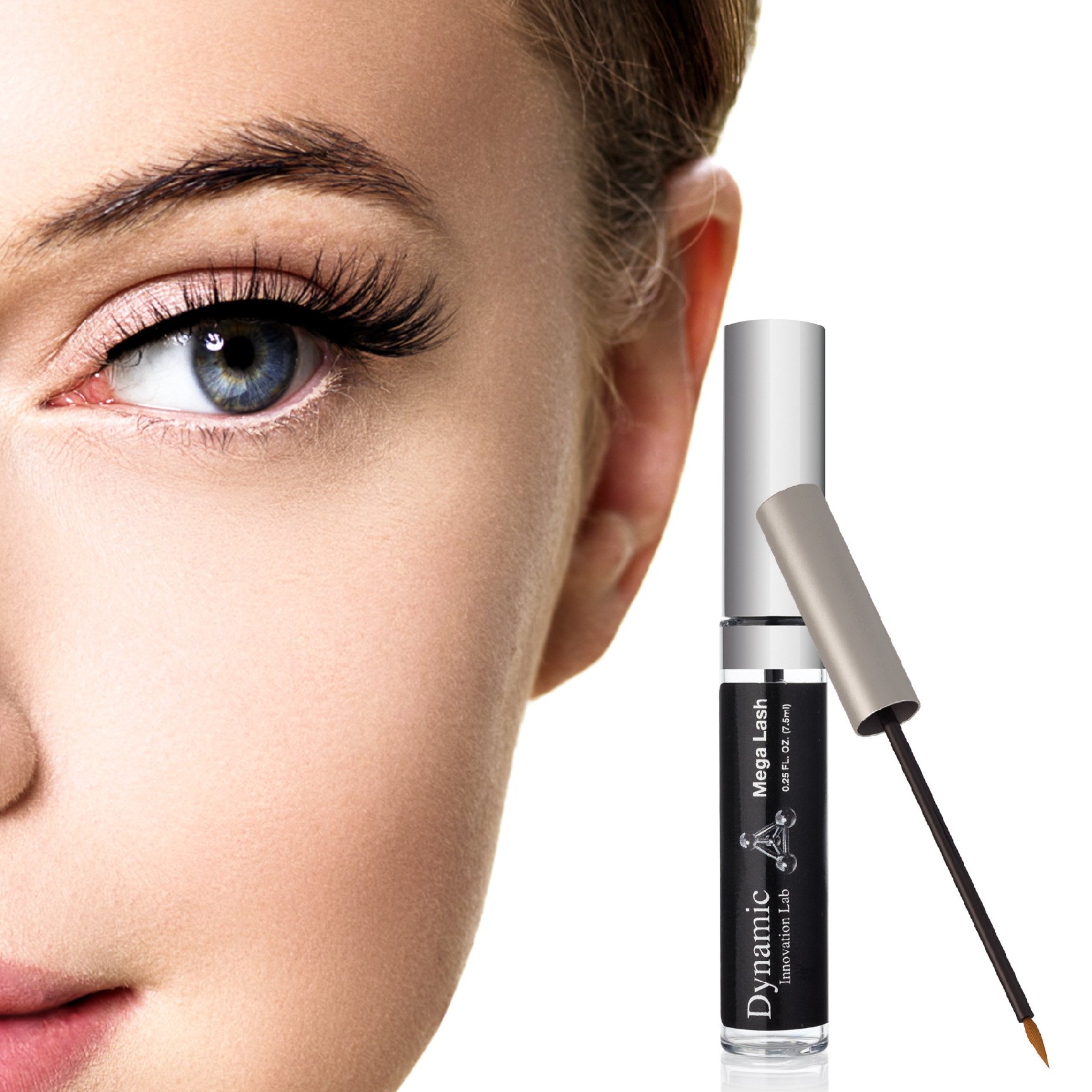 A close-up of Mega Lash serum bottle with a sleek design, showcasing its organic ingredients for thicker, longer eyelashes.
