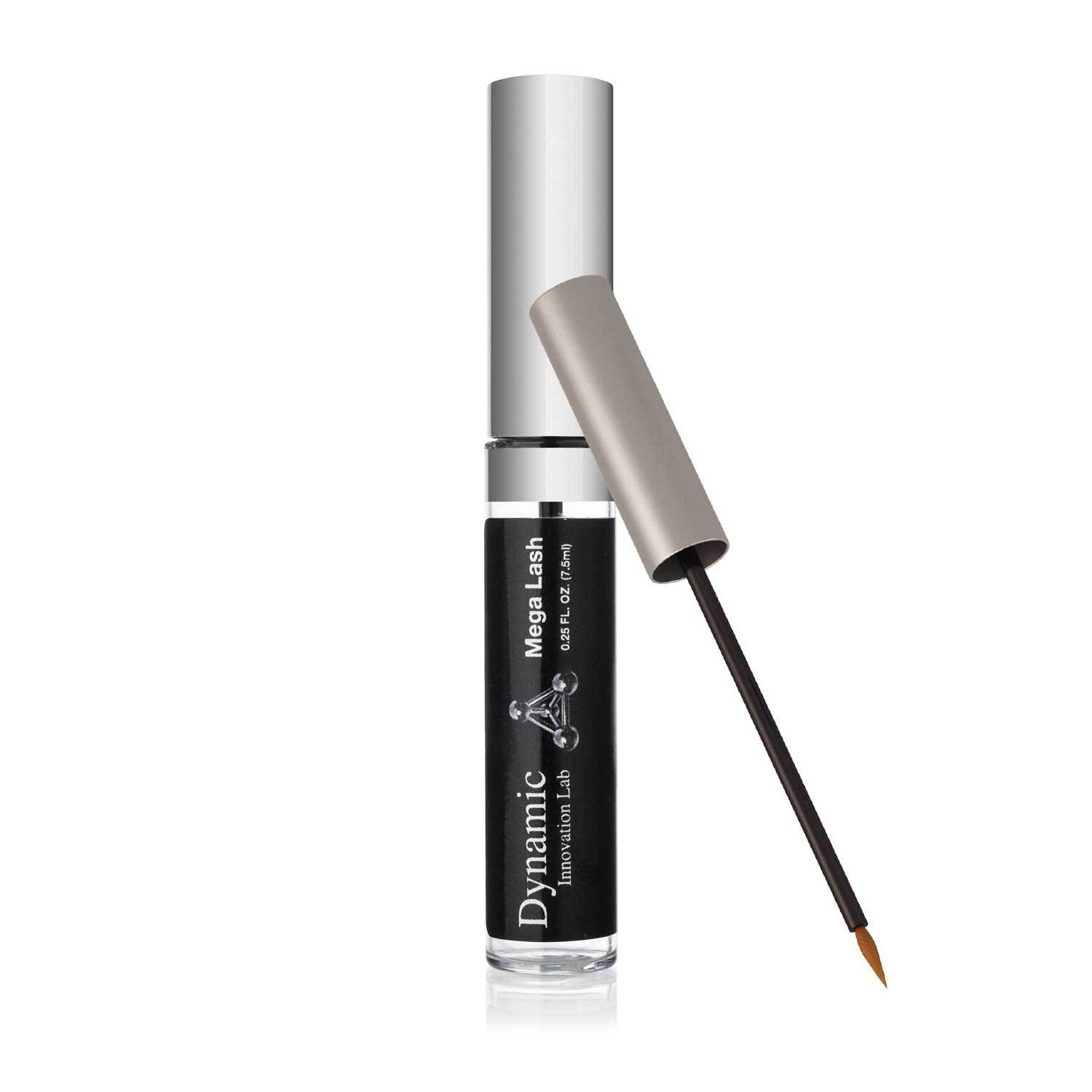A close-up of Mega Lash serum bottle with a sleek design, showcasing its organic ingredients for thicker, longer eyelashes.