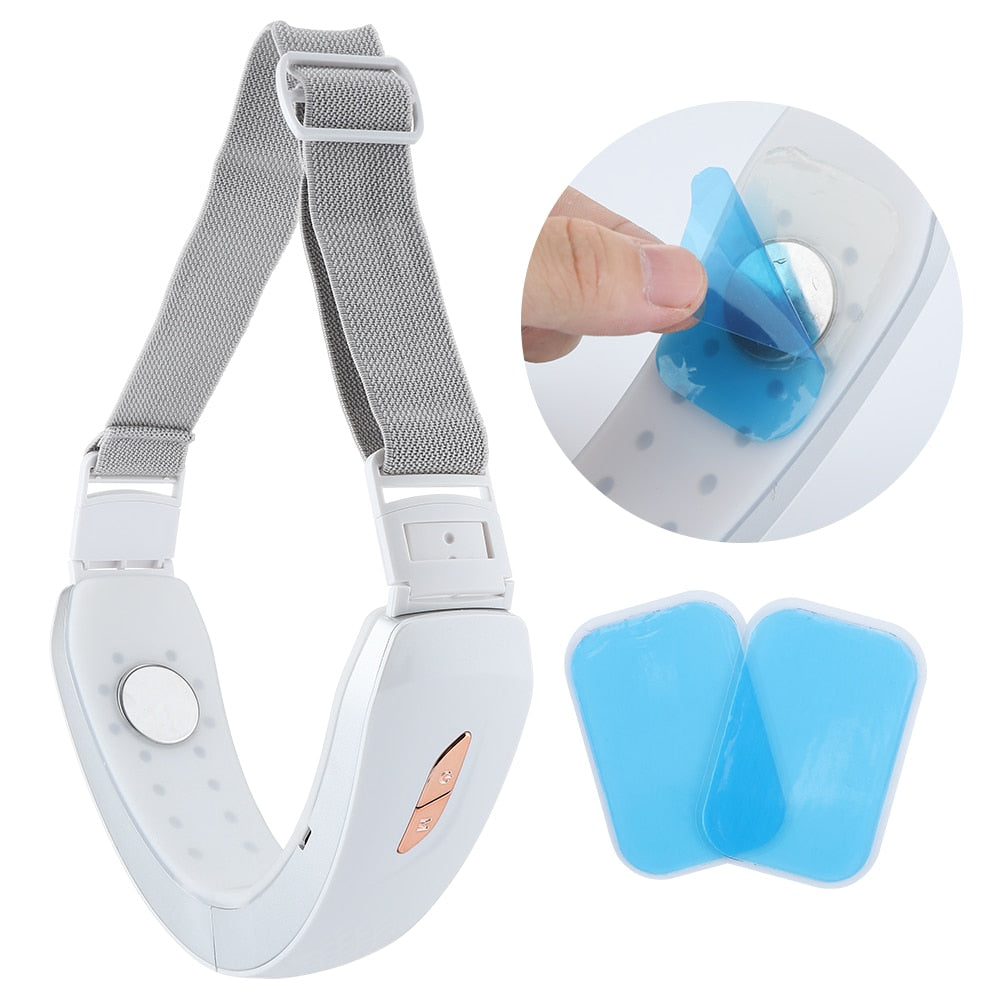 Micro Current V Face Lifting Belt designed for double chin reduction and facial contouring, featuring a sleek white design and remote control.