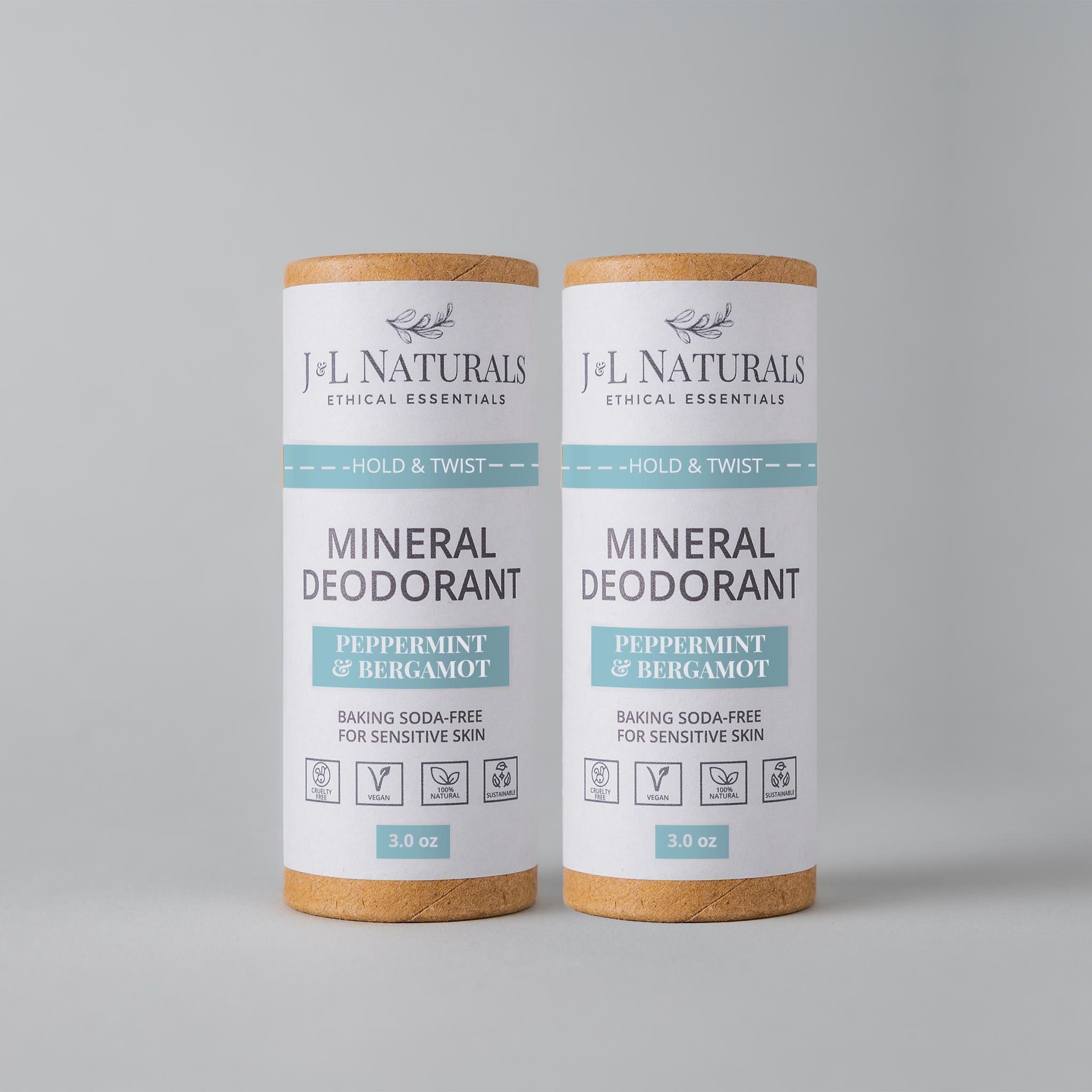 Two full-size Mineral Deodorant sticks in eco-friendly packaging, suitable for sensitive skin.