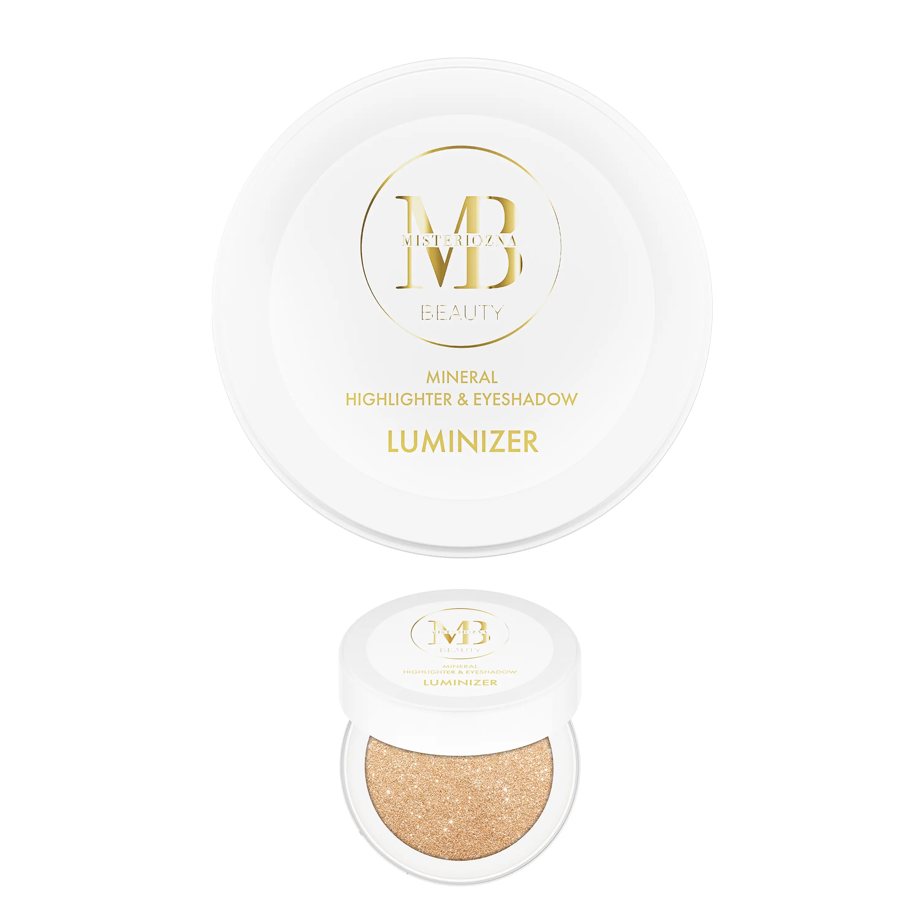 Mineral Highlighter & Eyeshadow Luminizer in a sleek container, showcasing its shimmering powder texture.