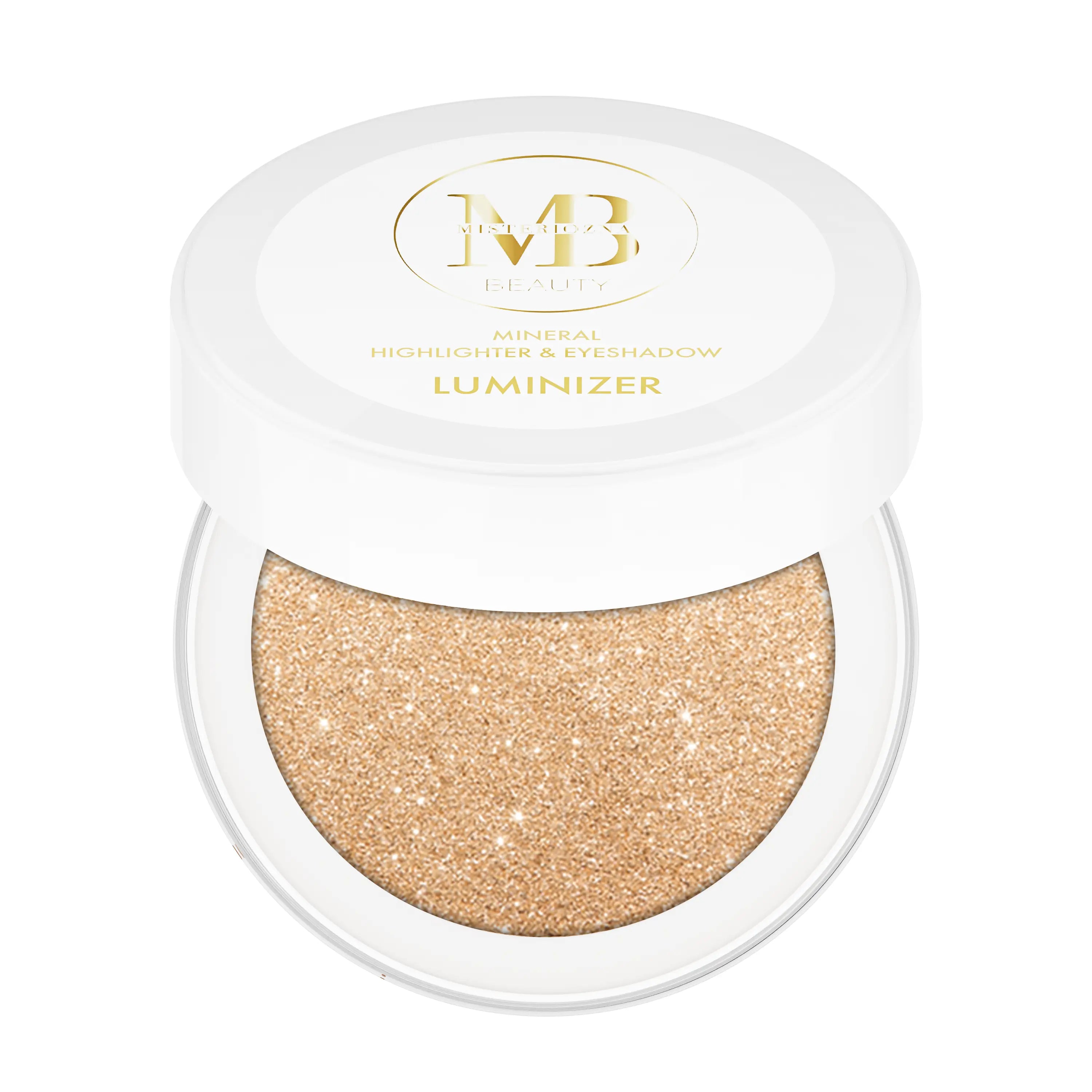 Mineral Highlighter & Eyeshadow Luminizer in a sleek container, showcasing its shimmering powder texture.
