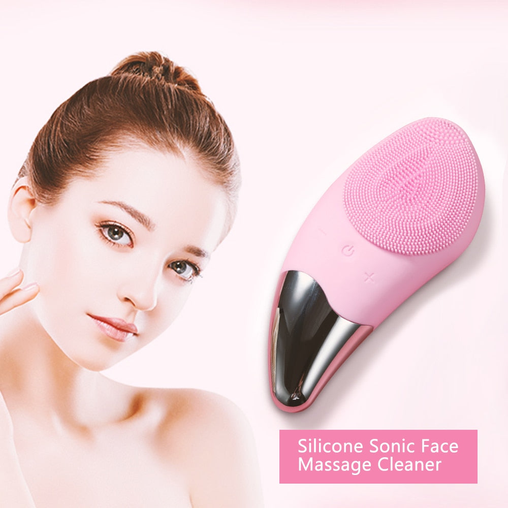 Mini Electric Facial Cleansing Brush in pink color with silicone bristles, designed for deep pore cleansing and facial massage.