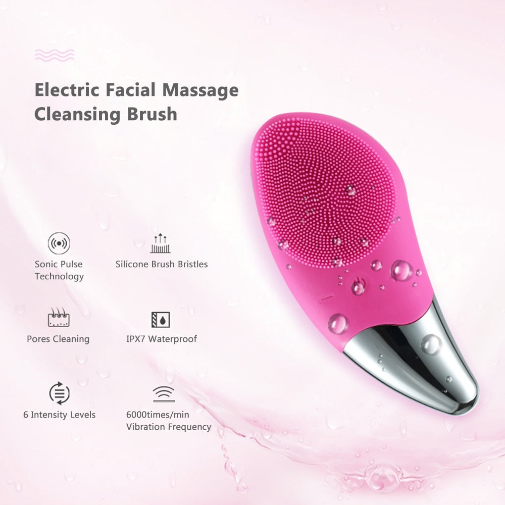 Mini Electric Facial Cleansing Brush in pink color with silicone bristles, designed for deep pore cleansing and facial massage.