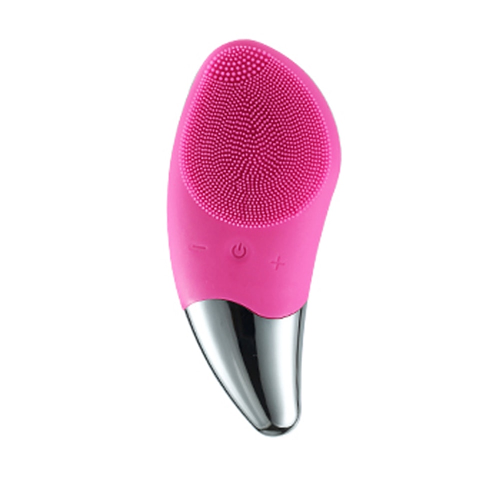 Mini Electric Facial Cleansing Brush in pink color with silicone bristles, designed for deep pore cleansing and facial massage.