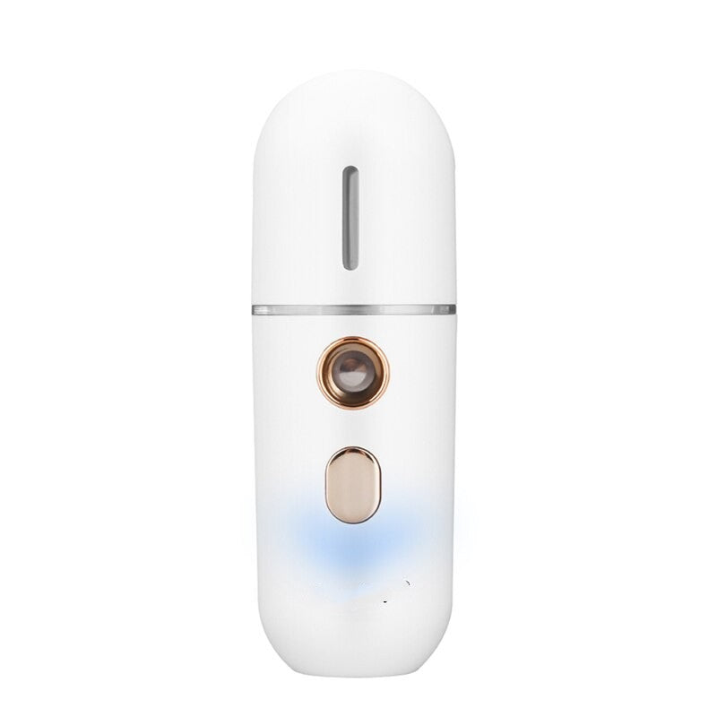 Mini Portable Nano Face Steamer in white color, designed for facial hydration with a sleek and compact design.