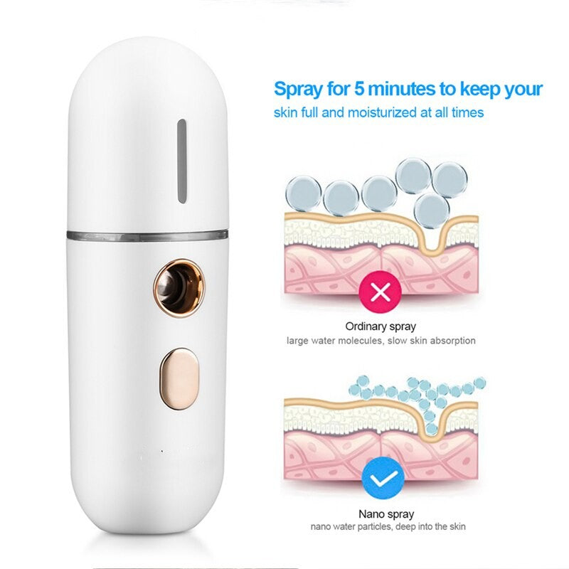 Mini Portable Nano Face Steamer in white color, designed for facial hydration with a sleek and compact design.