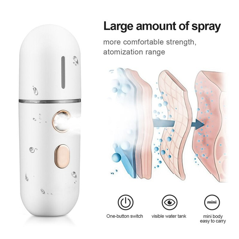 Mini Portable Nano Face Steamer in white color, designed for facial hydration with a sleek and compact design.
