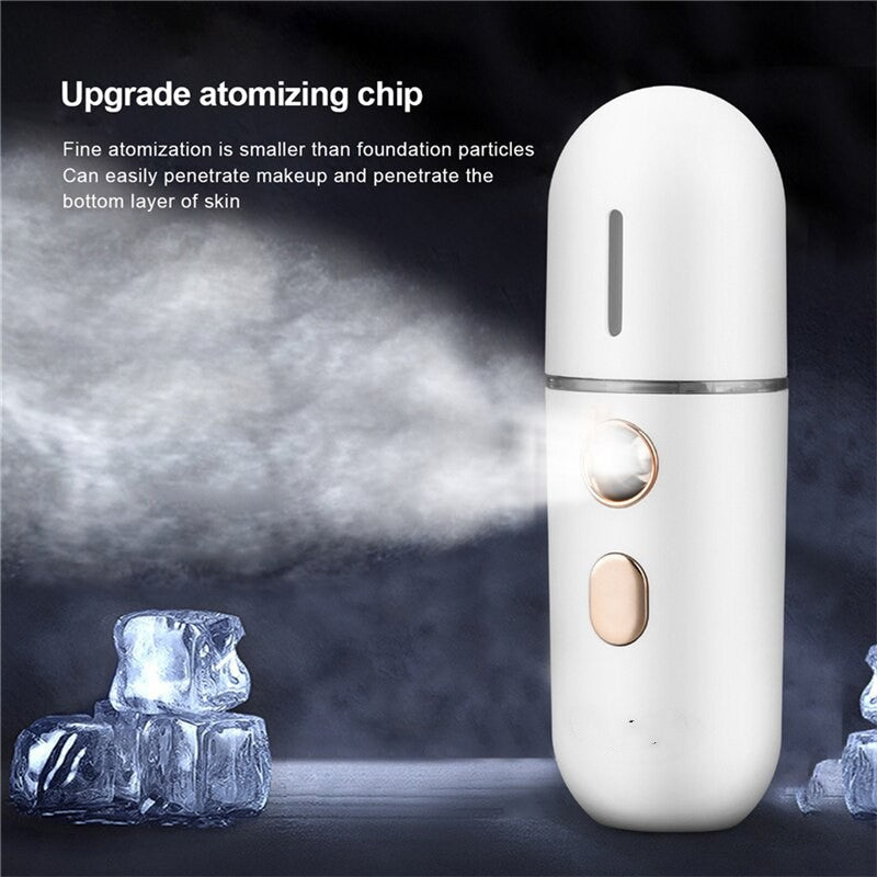 Mini Portable Nano Face Steamer in white color, designed for facial hydration with a sleek and compact design.
