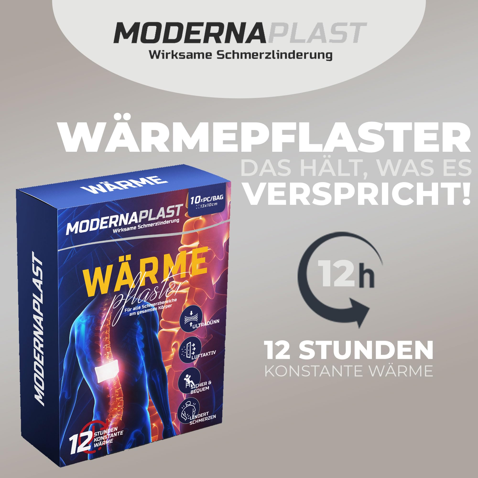 Modernaplast Wärmepflaster Set mit 10 Stück, ideal zur Schmerzlinderung bei Rückenschmerzen und Verspannungen, zeigt die Verpackung und Anwendung.