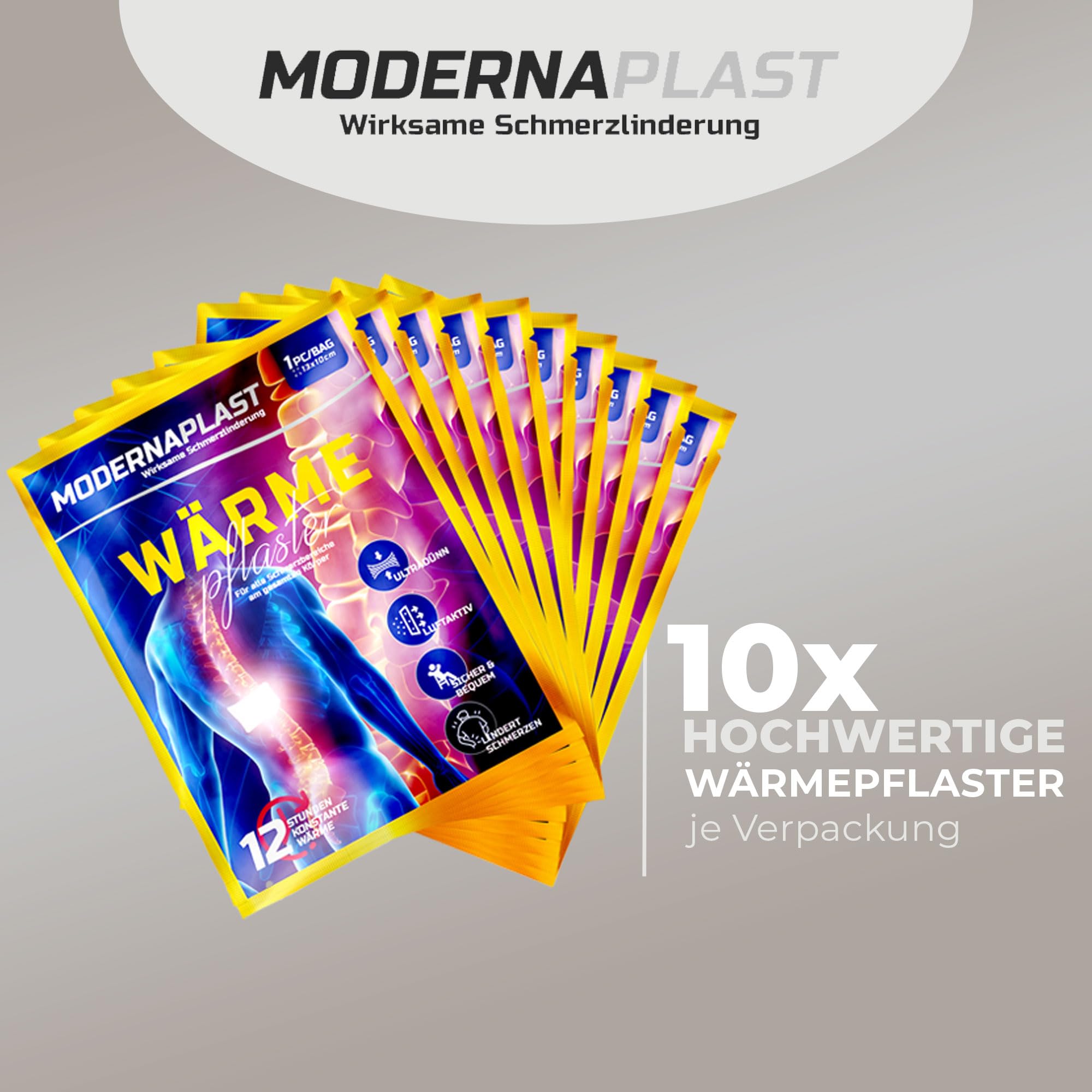 Modernaplast Wärmepflaster Set mit 10 Stück, ideal zur Schmerzlinderung bei Rückenschmerzen und Verspannungen, zeigt die Verpackung und Anwendung.