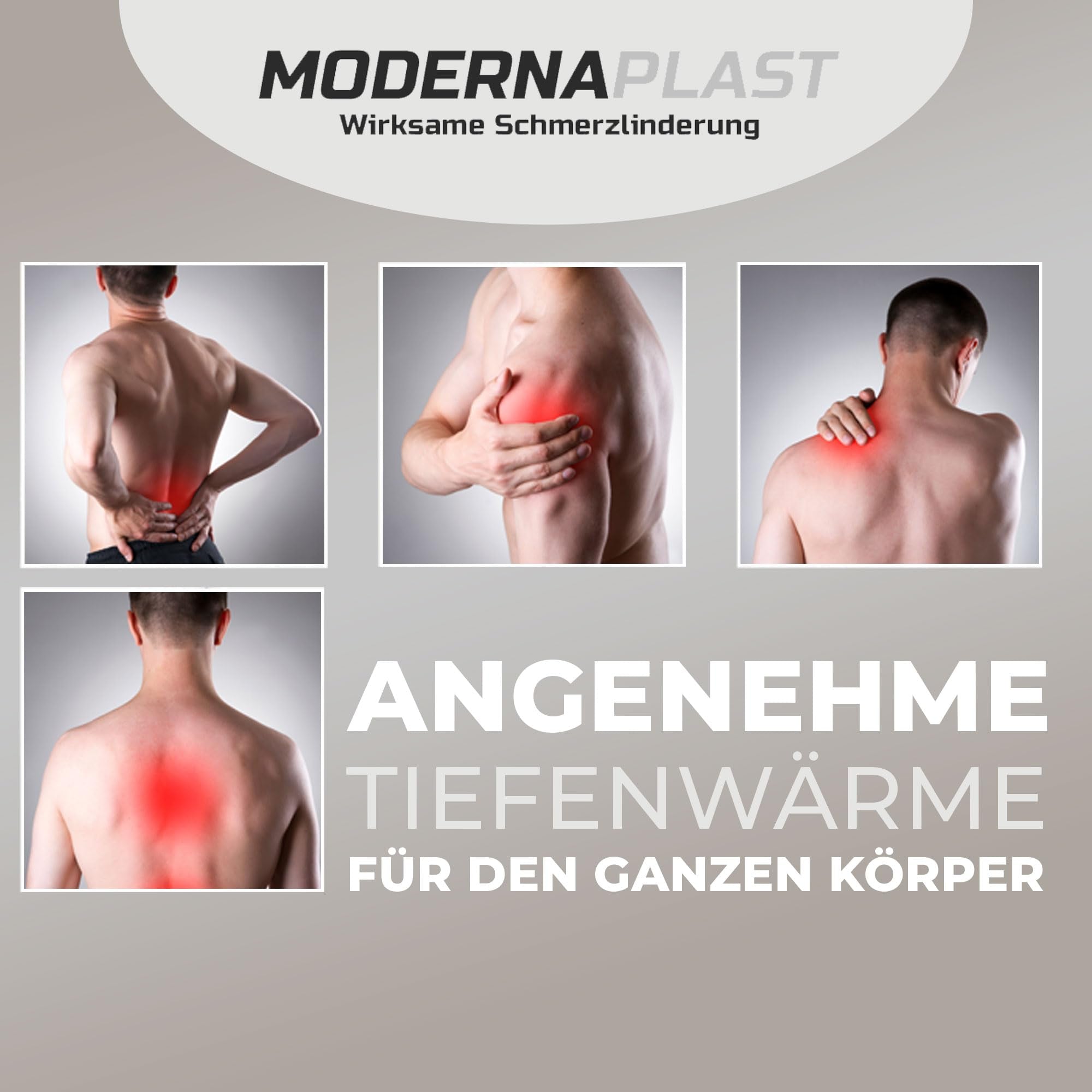 Modernaplast Wärmepflaster Set mit 10 Stück, ideal zur Schmerzlinderung bei Rückenschmerzen und Verspannungen, zeigt die Verpackung und Anwendung.