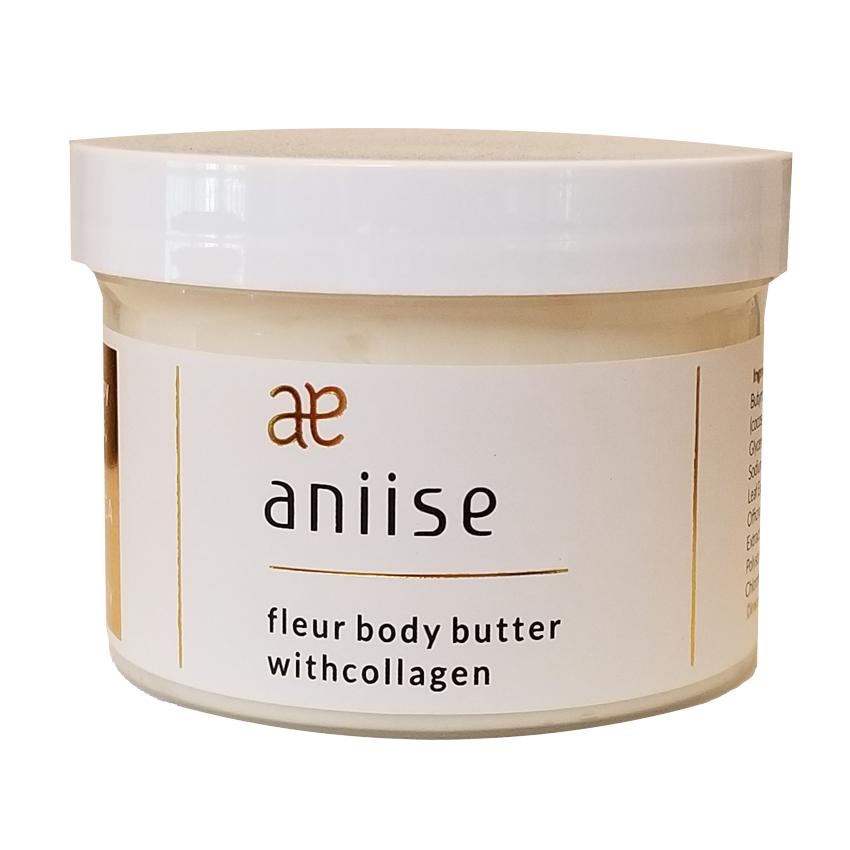 Moisturizing Body Butter Cream with Collagen in a jar, surrounded by natural ingredients like avocado and coconut oil.