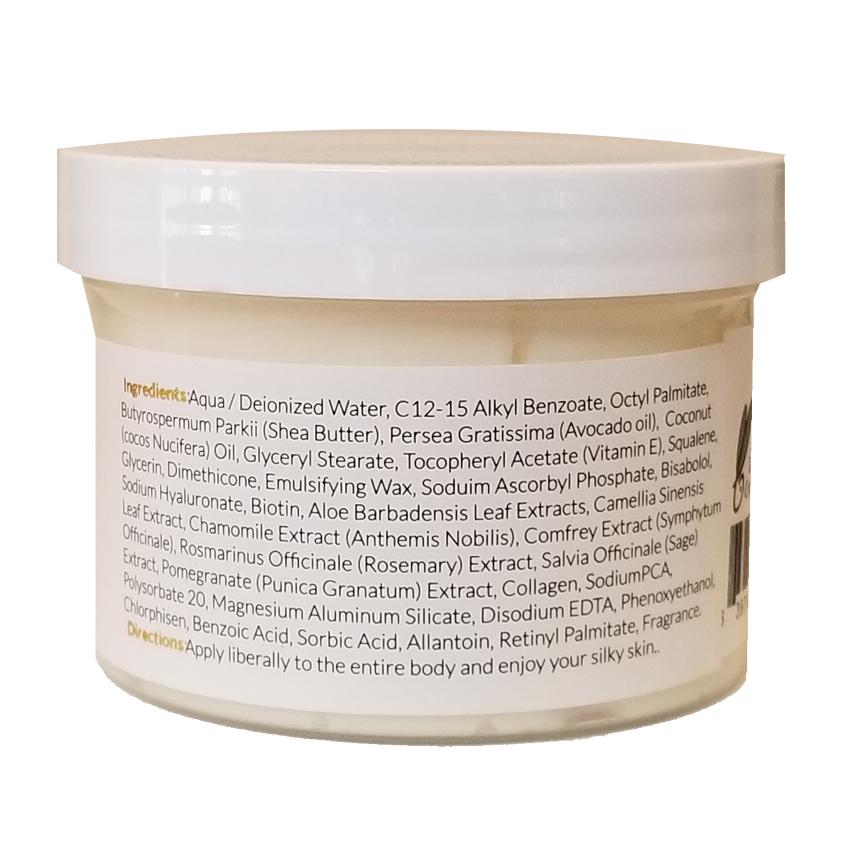 Moisturizing Body Butter Cream with Collagen in a jar, surrounded by natural ingredients like avocado and coconut oil.