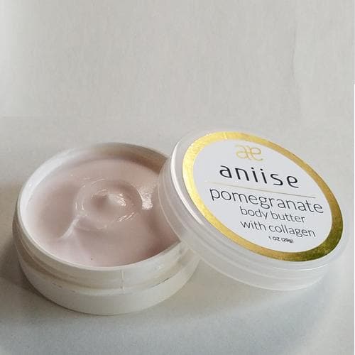 Moisturizing Body Butter Cream with Collagen in a jar, surrounded by natural ingredients like avocado and coconut oil.