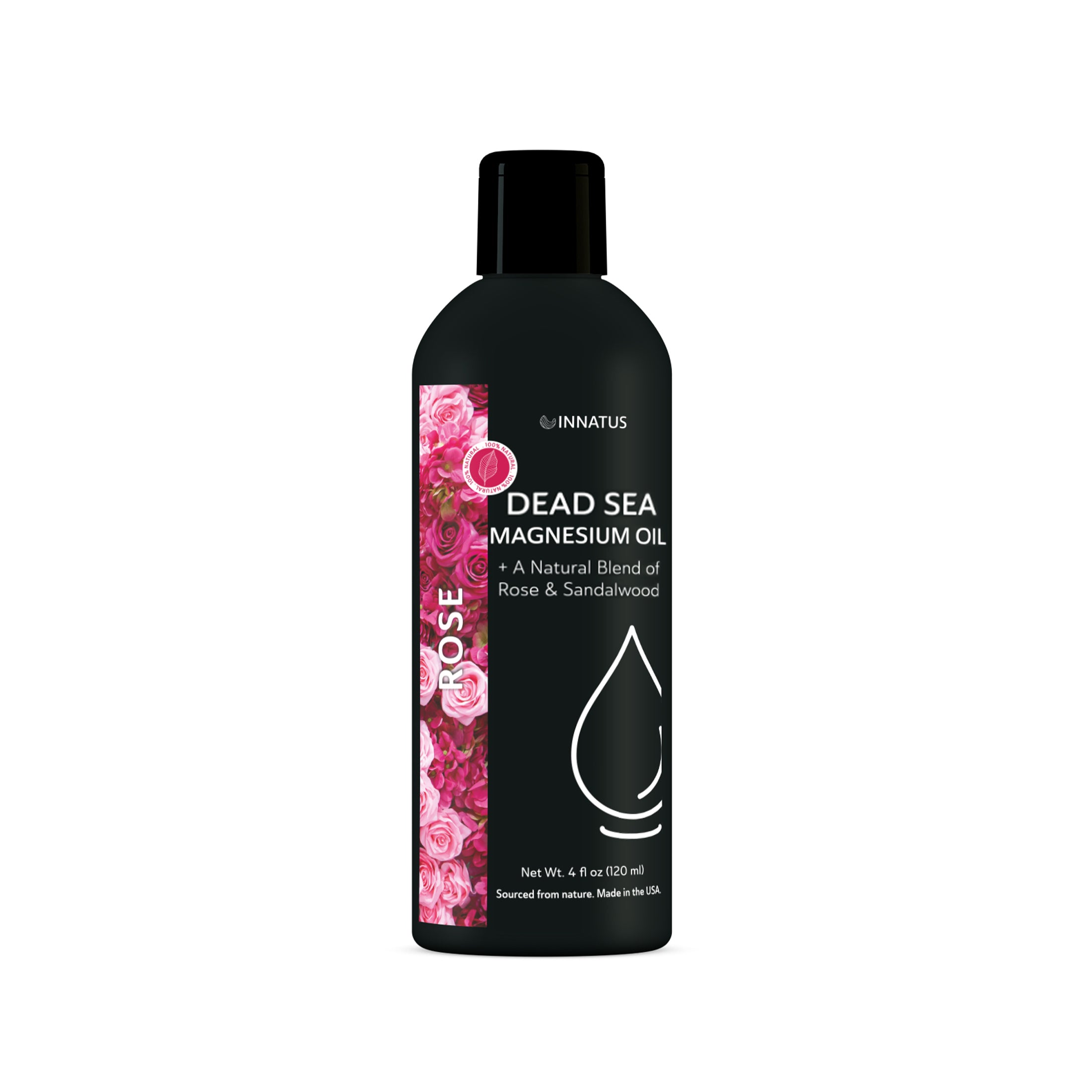 Natural Dead Sea Magnesium Rose Oil bottle with a floral design, showcasing its luxurious and soothing properties.