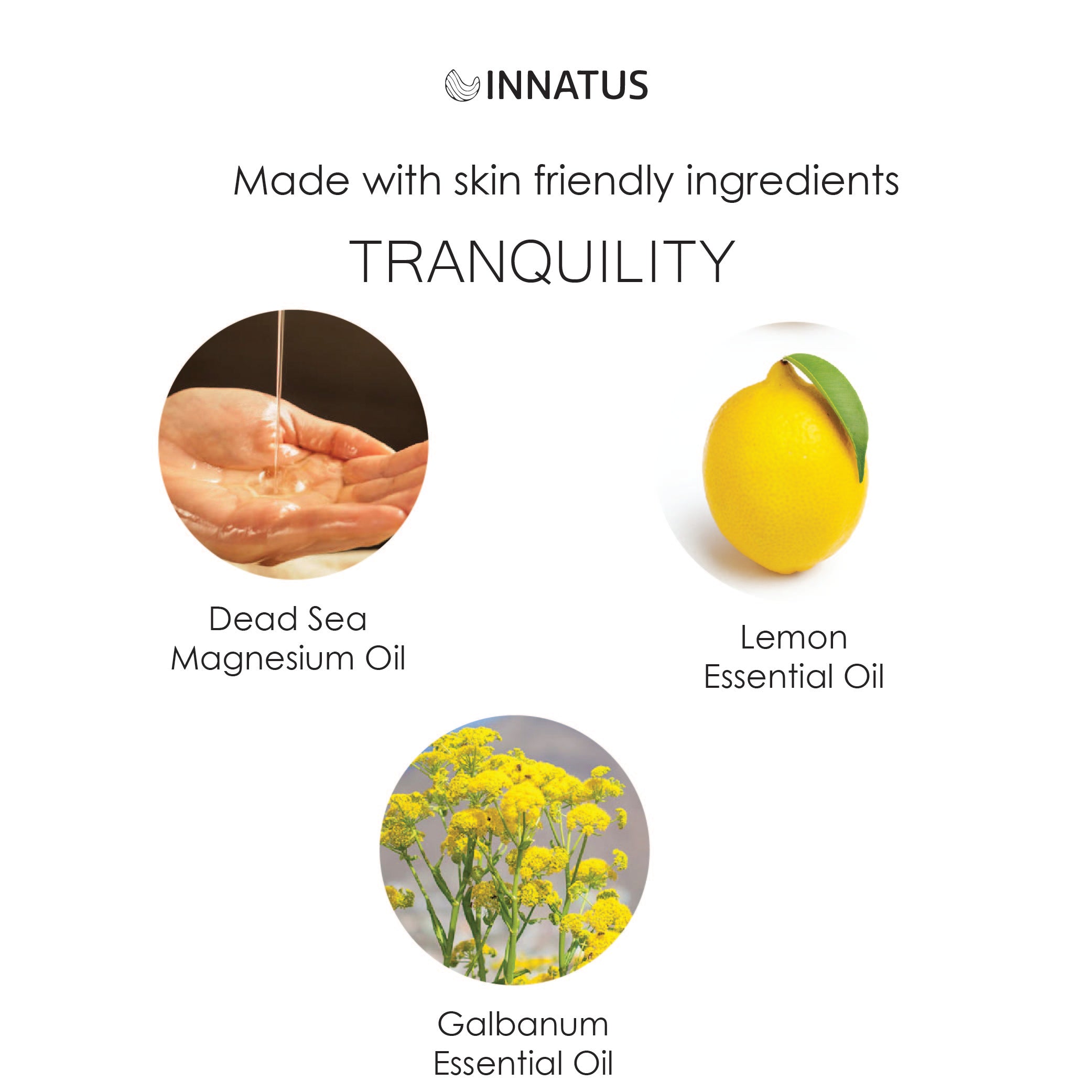 Natural Dead Sea Magnesium Tranquility Oil bottle with a soothing label, surrounded by calming elements like stones and soft fabric.