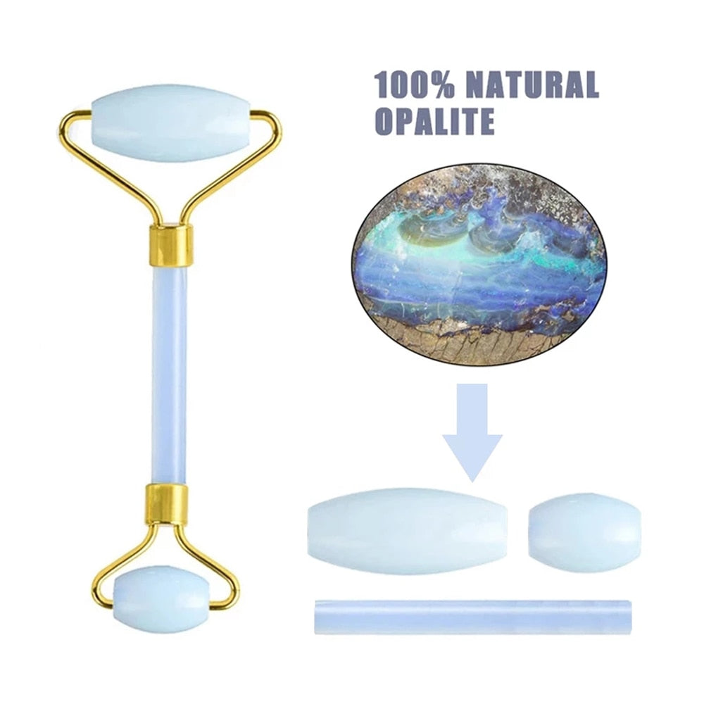 Nature Jade Facial Massage Roller and Gua Sha Stone, blue jade color, designed for face lifting and relaxation.