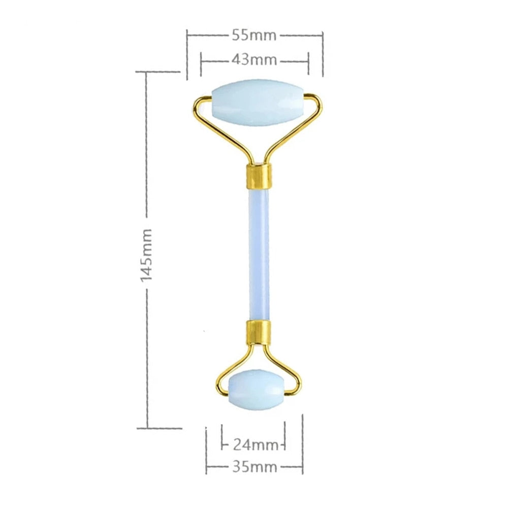 Nature Jade Facial Massage Roller and Gua Sha Stone, blue jade color, designed for face lifting and relaxation.