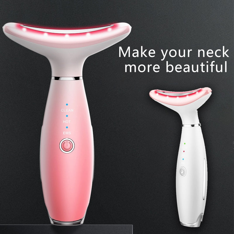 Neck Anti Wrinkle Face Lifting Device in pink and white, showcasing its sleek design and LED features for skin rejuvenation.