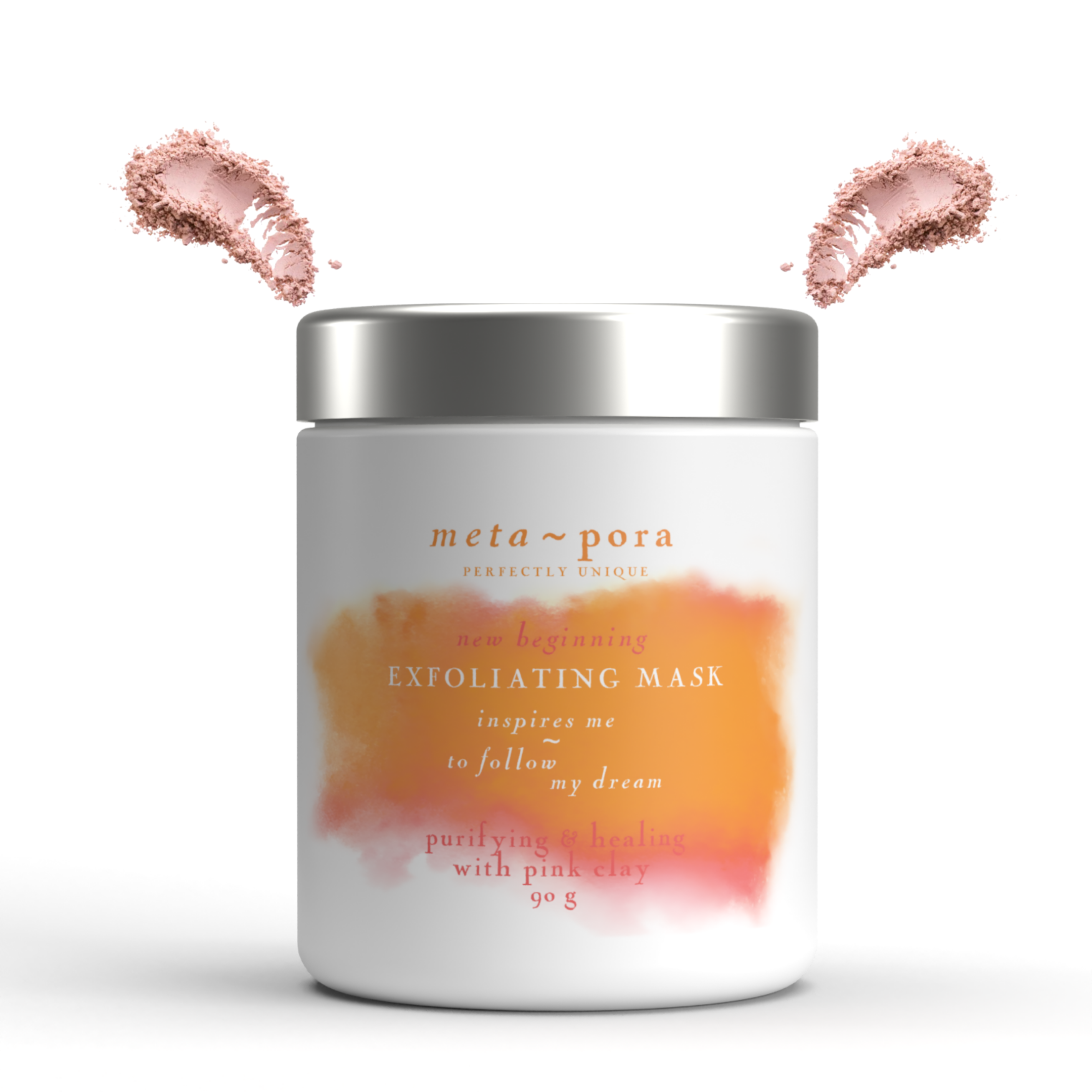 New Beginning Exfoliating Mask featuring Australian Pink Clay and healing herbs in a sleek container.