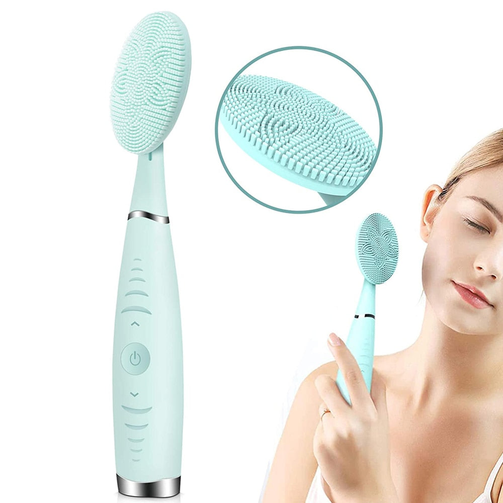 New Electric Facial Cleansing Brush in pink and blue, showcasing its ergonomic design and features for deep cleansing and anti-aging.
