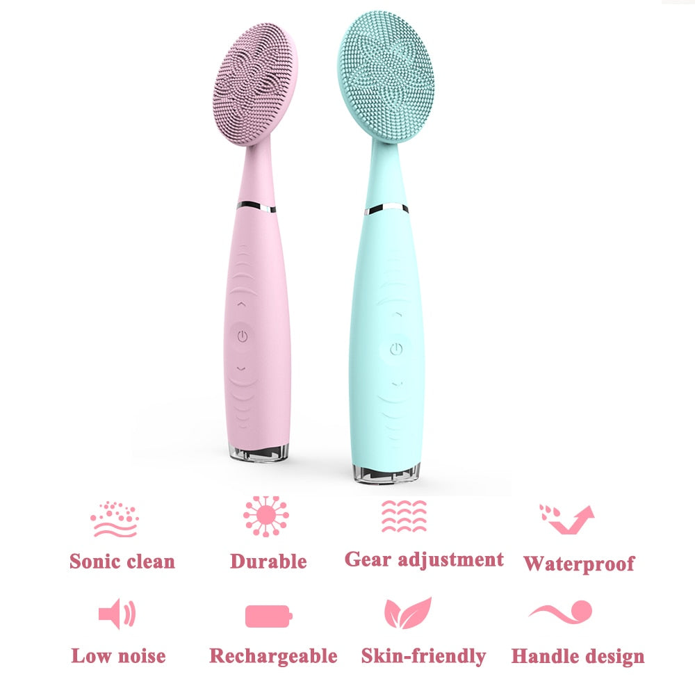 New Electric Facial Cleansing Brush in pink and blue, showcasing its ergonomic design and features for deep cleansing and anti-aging.
