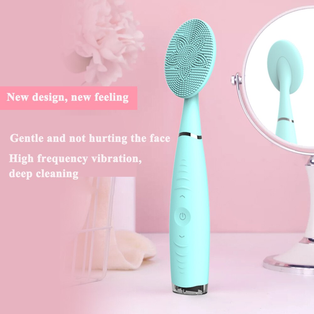 New Electric Facial Cleansing Brush in pink and blue, showcasing its ergonomic design and features for deep cleansing and anti-aging.