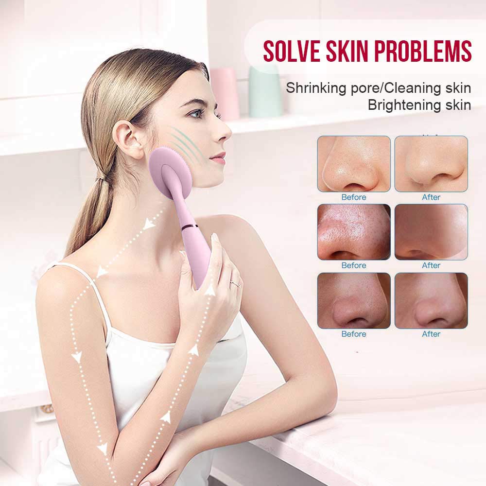 New Electric Facial Cleansing Brush in pink and blue, showcasing its ergonomic design and features for deep cleansing and anti-aging.