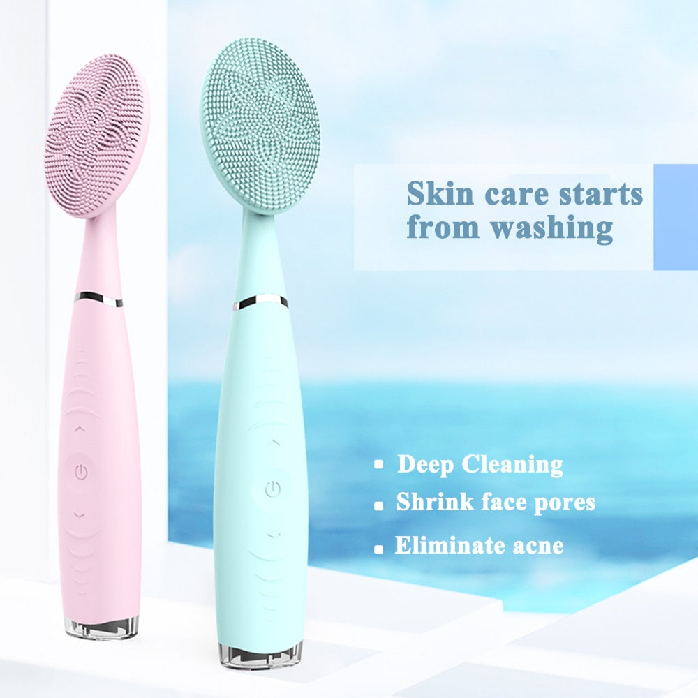 New Electric Facial Cleansing Brush in pink and blue, showcasing its ergonomic design and features for deep cleansing and anti-aging.