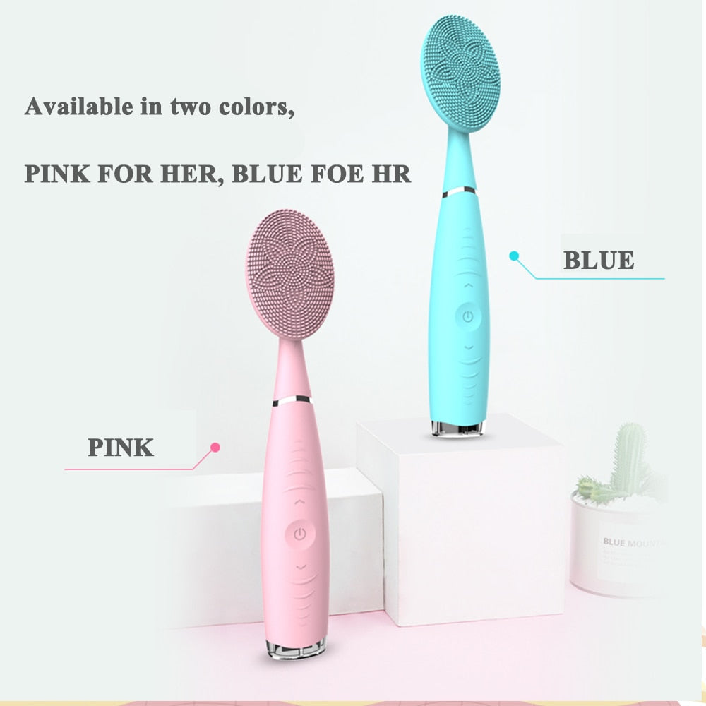New Electric Facial Cleansing Brush in pink and blue, showcasing its ergonomic design and features for deep cleansing and anti-aging.
