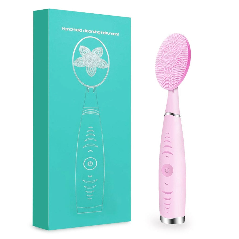 New Electric Facial Cleansing Brush in pink and blue, showcasing its ergonomic design and features for deep cleansing and anti-aging.