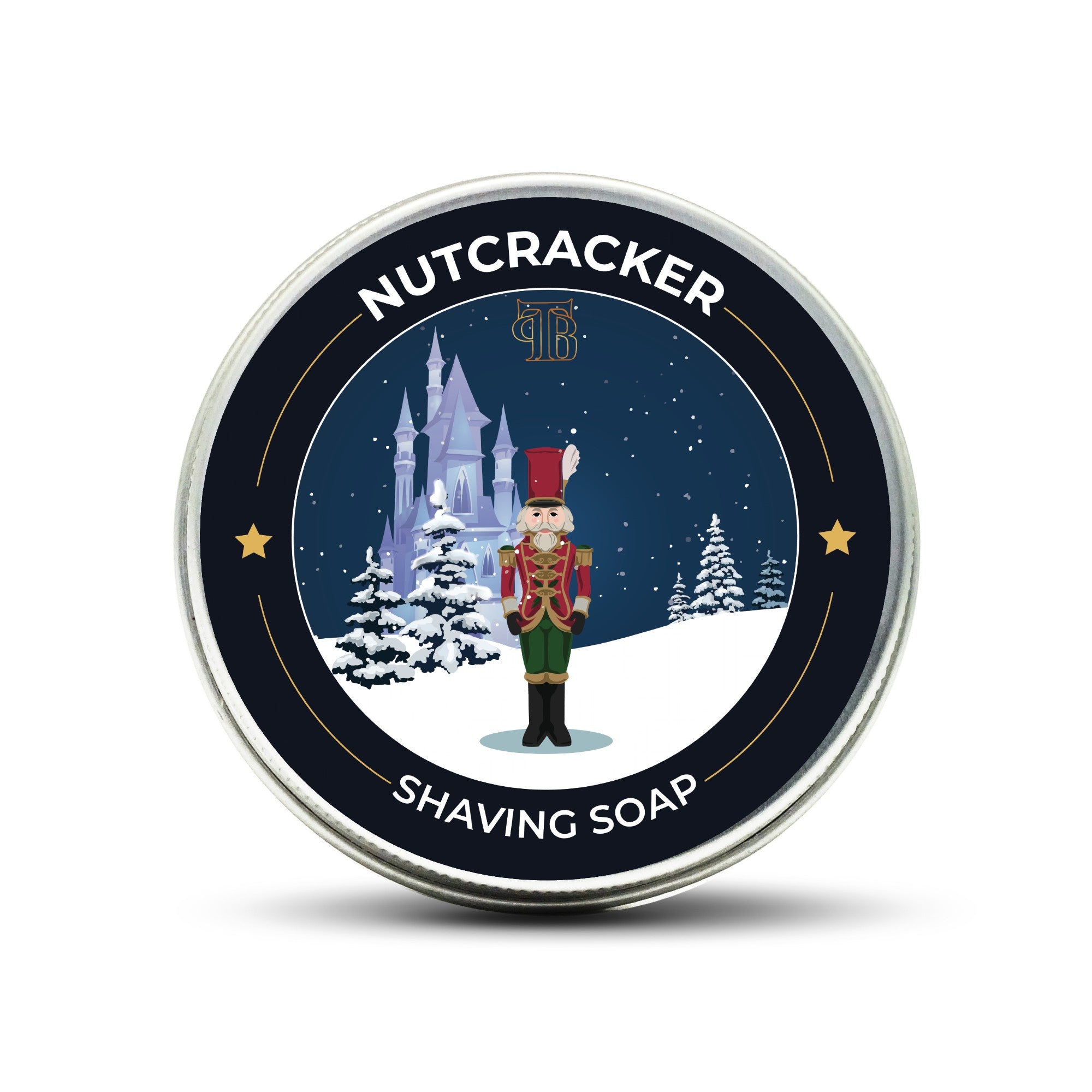 Nutcracker Shaving Soap in a round shape, showcasing its rich texture and festive packaging, perfect for a smooth shave.