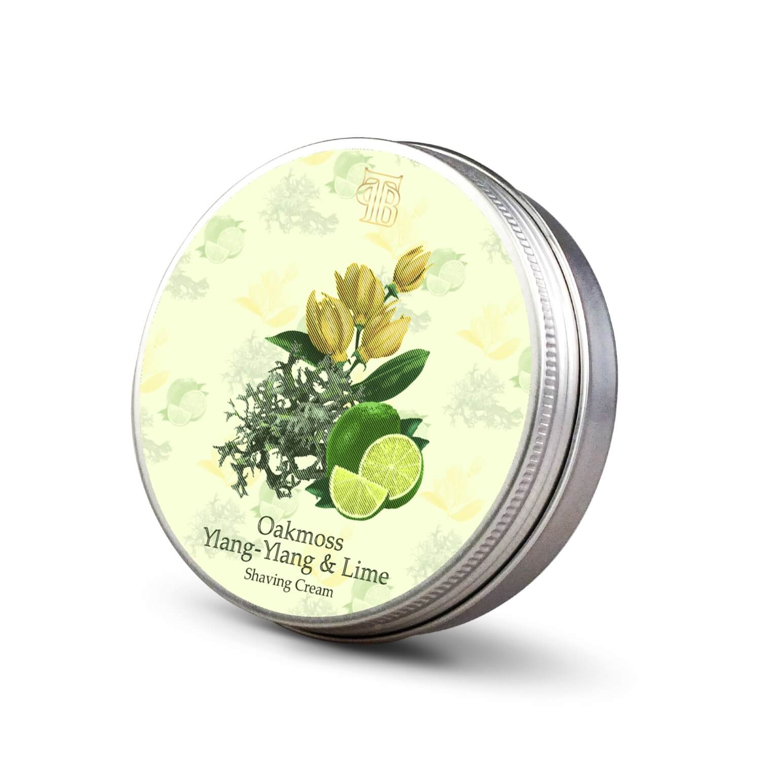 A jar of Oakmoss, Ylang-Ylang & Lime Shaving Cream showcasing its creamy texture and natural ingredients, perfect for a luxurious shaving experience.