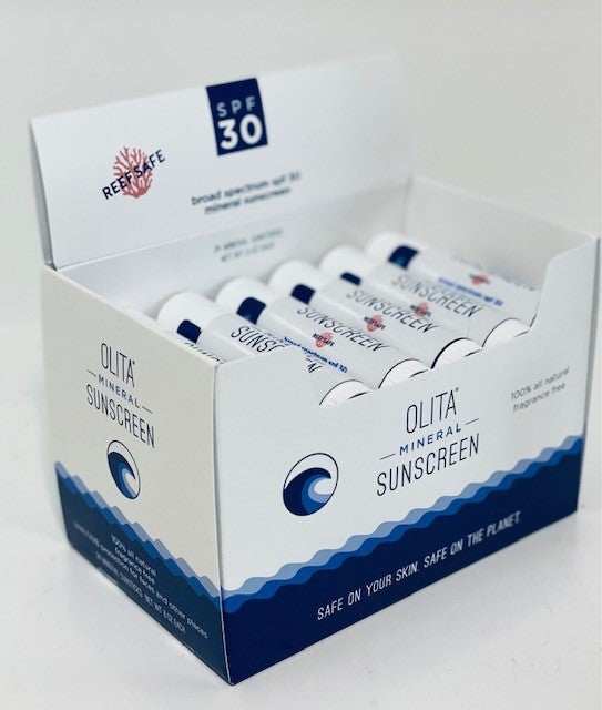 OLITA Mineral Sunscreen Sunstick SPF 30 in a sleek, portable design, showcasing its eco-friendly packaging and easy application.